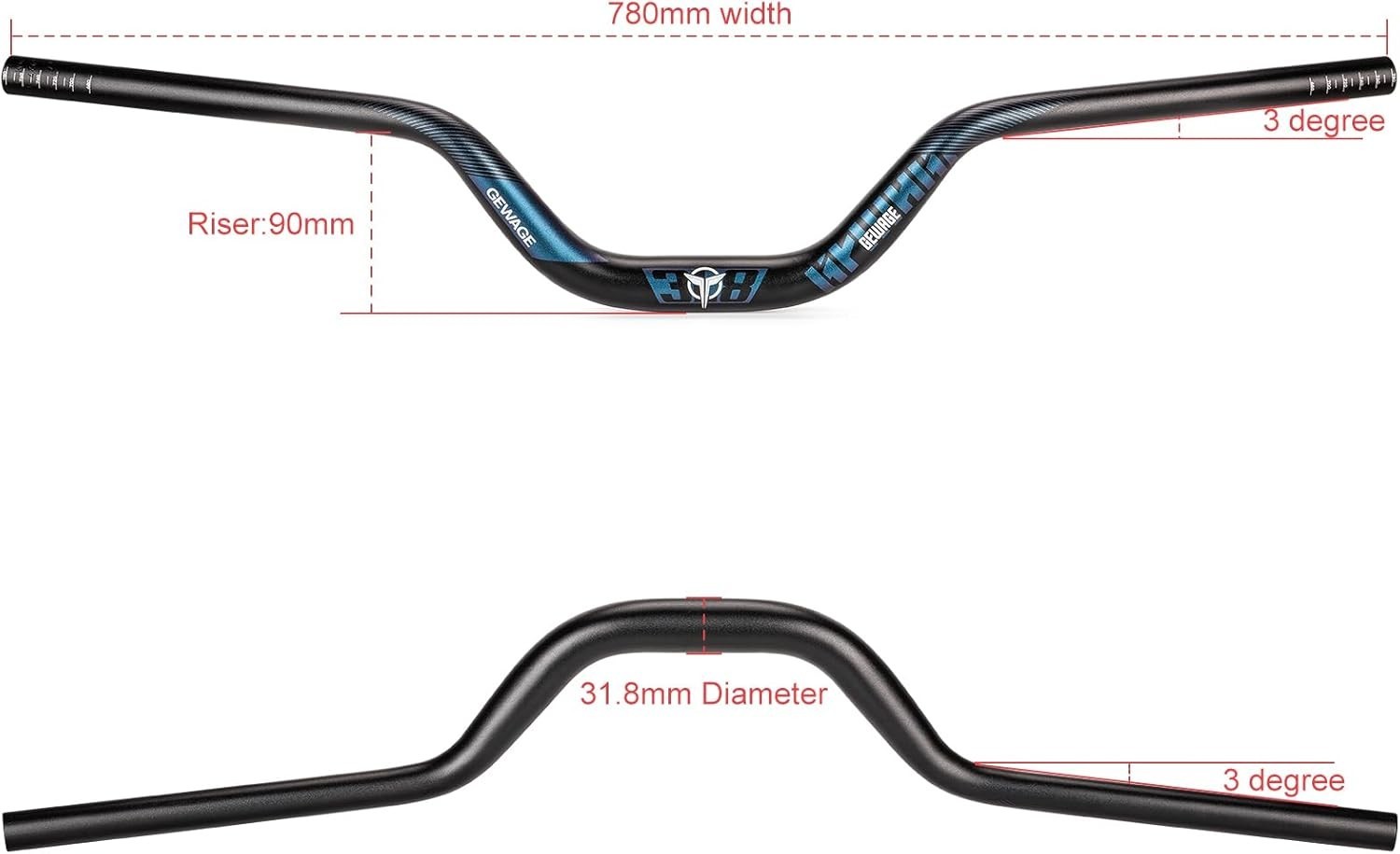31.8 Bike Handlebar – 25mm, 55mm, 70mm, 90mm,120mm Riser Handlebar – 780mm Al…