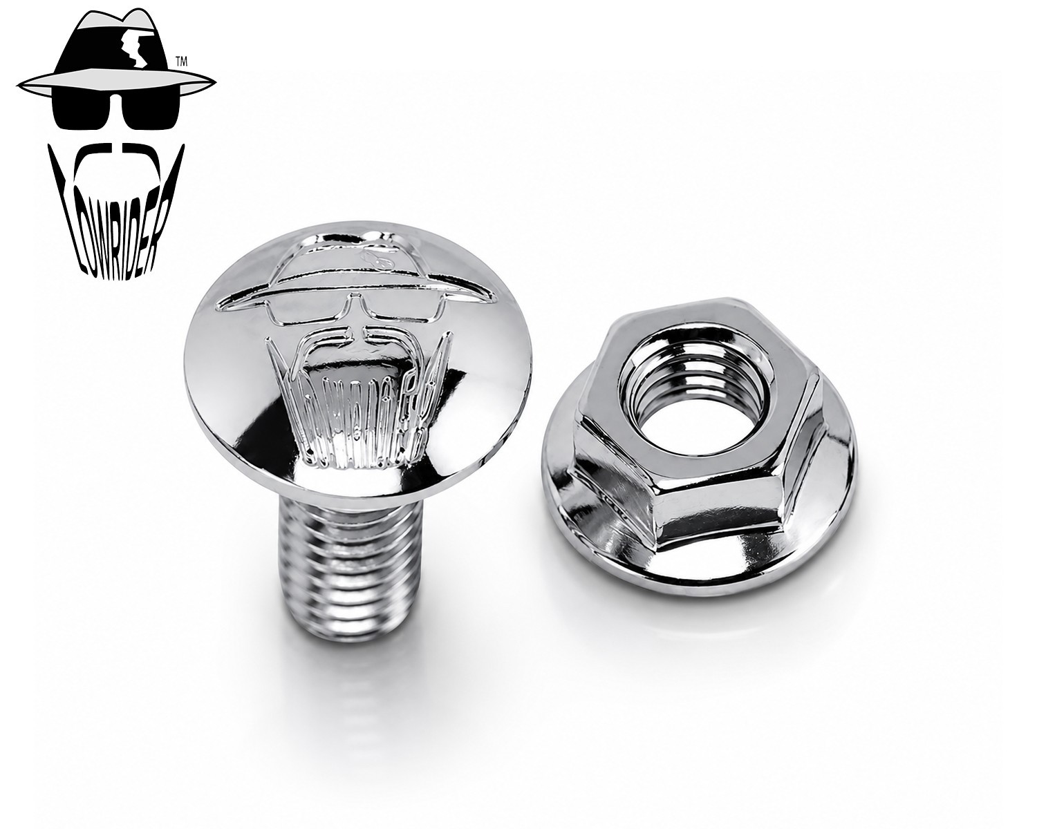ORIGINAL LOWRIDER Head Branded Mirror Chrome/Gold Springer Fork Top Bolt/Nut.