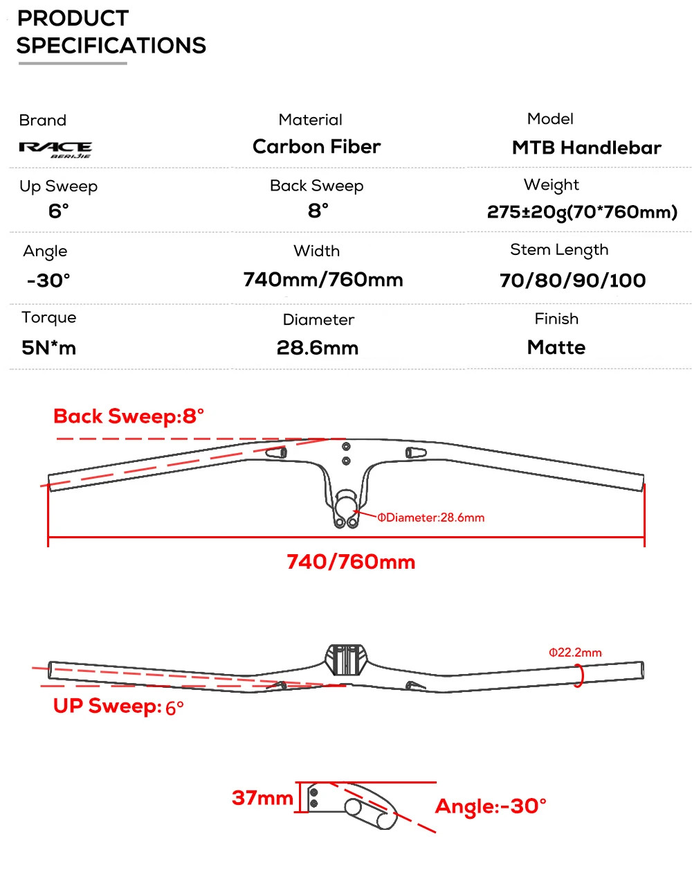-30 Degree Full Carbon MTB Integrated Cockpit Internal Cable Bicycle Handlebar