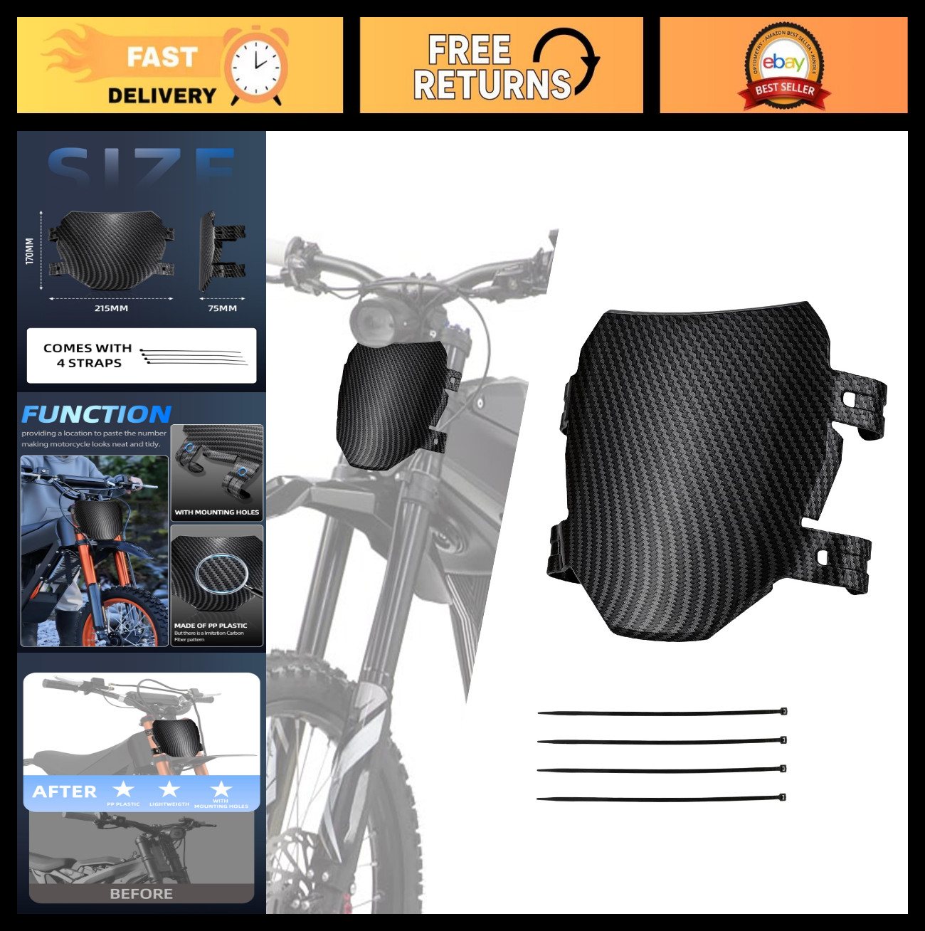 Ebike Front Number Plate Replacement 8.78″x6.69″ – Carbon Fiber Style for Surron