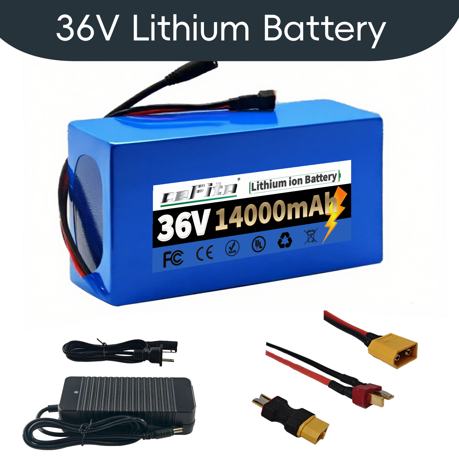36 Volt battery, 36V 14Ah Lithium Battery,T-Plug Discharge Port, 7.6*4.2*2.7inch