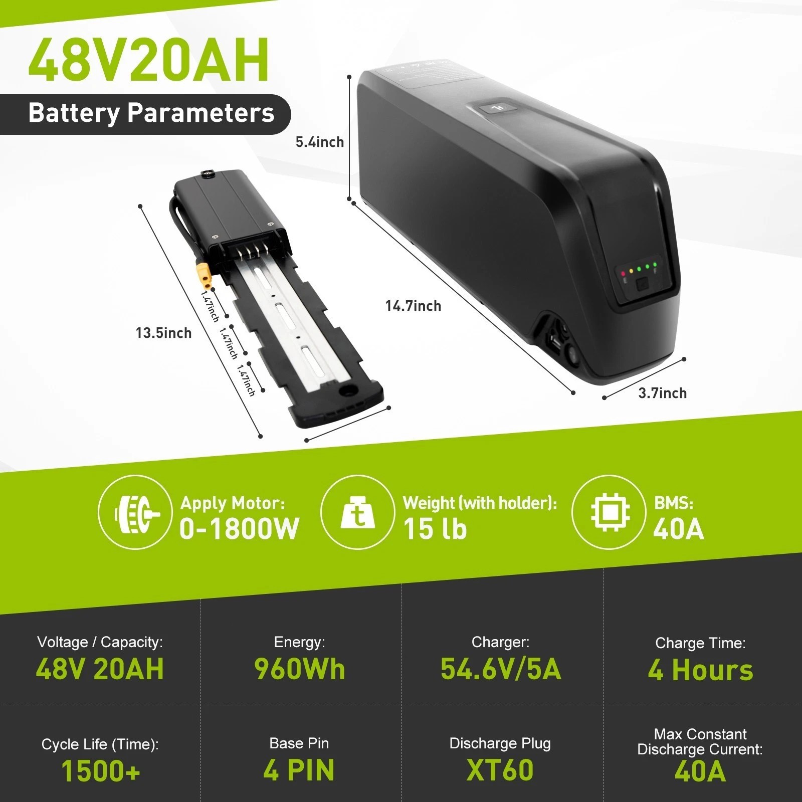 36V 48V 10AH/15AH/20AH Ebike Lithium Battery ≤1800W Motors w/ USB Port Bicycle