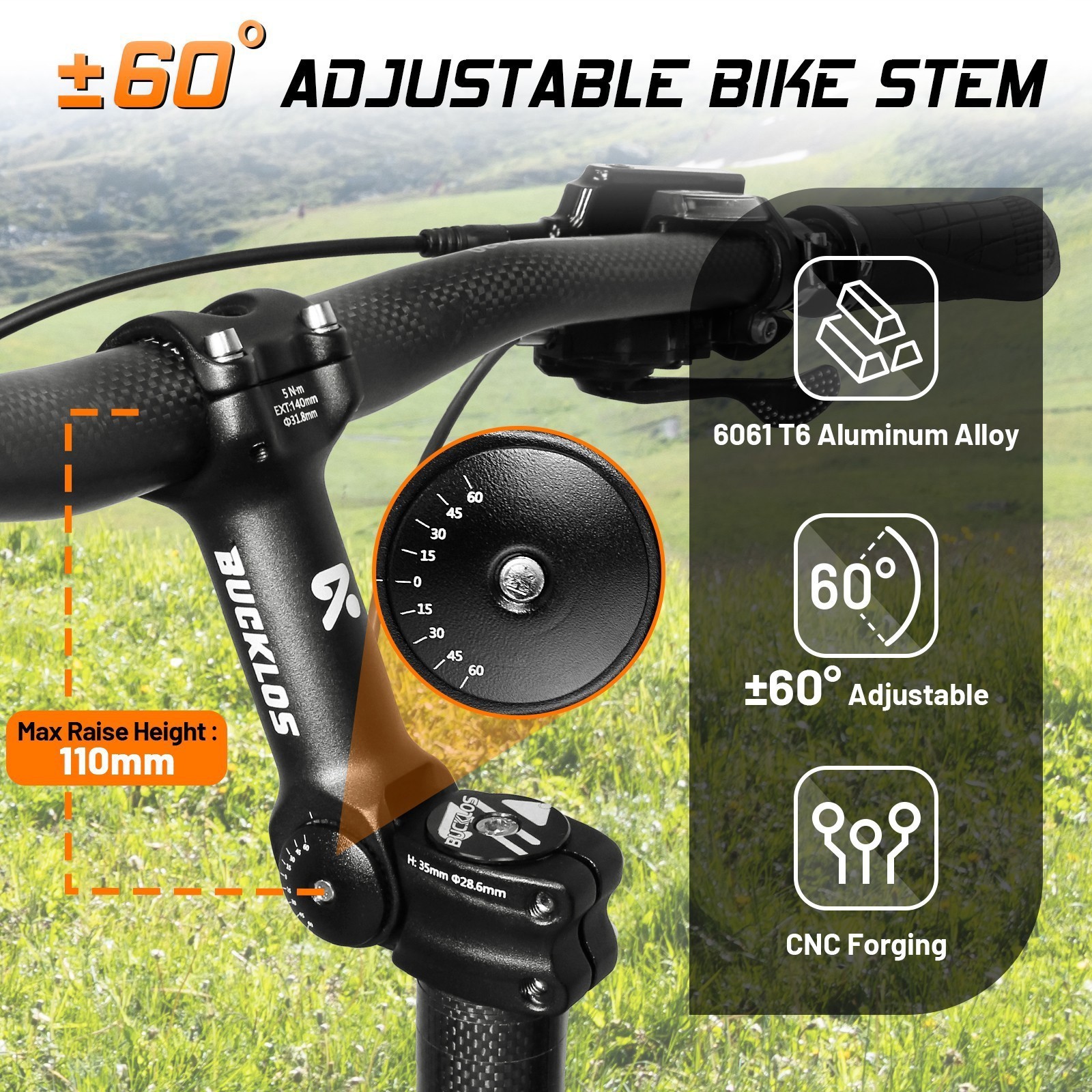 BUCKLOS MTB Bike Stem Adjustable 60°/80° 25.4/31.8mm Handlebar 1-1/8″ MTB Stem