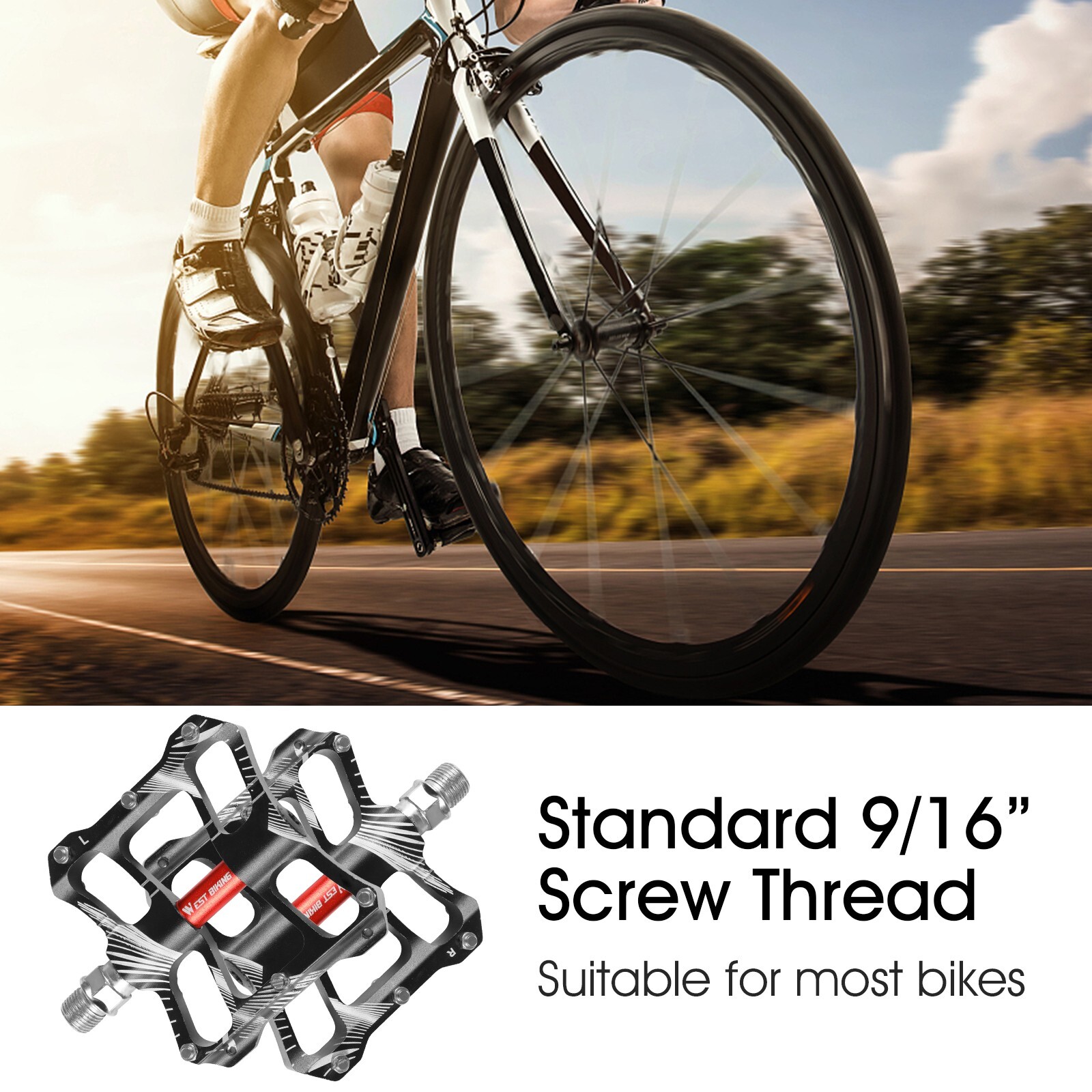 WEST BIKING DU 2 Sealed Bearings Bike Bicycle Flat Platform Pedals 9/16″ Black