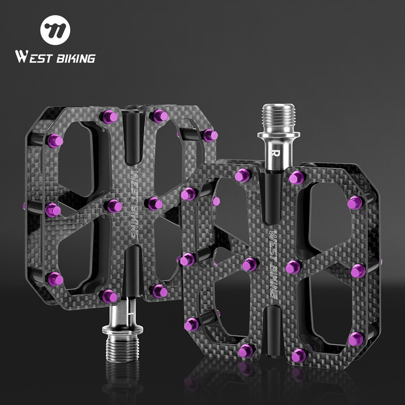 WEST BIKING Carbon Fiber Road Bike Pedals 3 Bearings Titanium Axis Pedals Purple