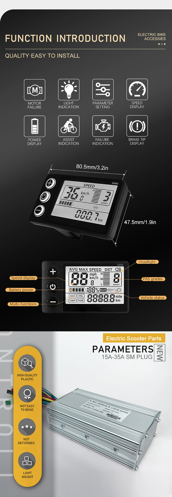 E-bike Sine Wave 15-35A Controller with LCD DIsplay For Hub Motor 250W-1500W