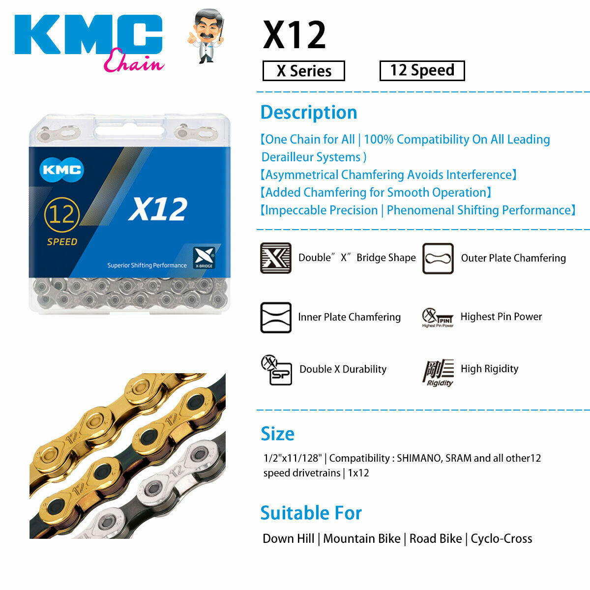 KMC X12 12 Speed Silver/ Gold Ti-N Road Bike Chain 126L Quick Link Fits Shimano