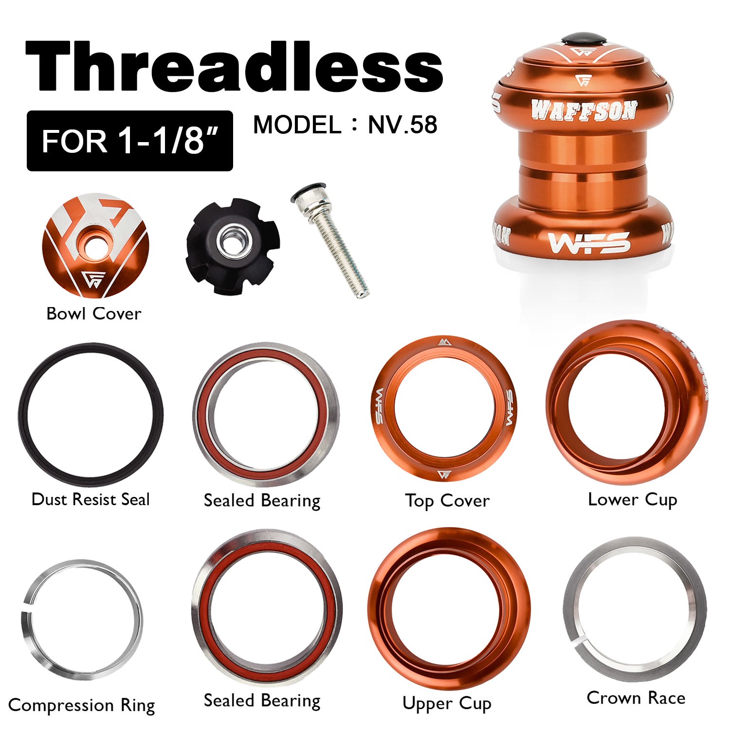 WFS NV.58 1-1/8 inch CNC Threadless Headset with Top Cap , Orange