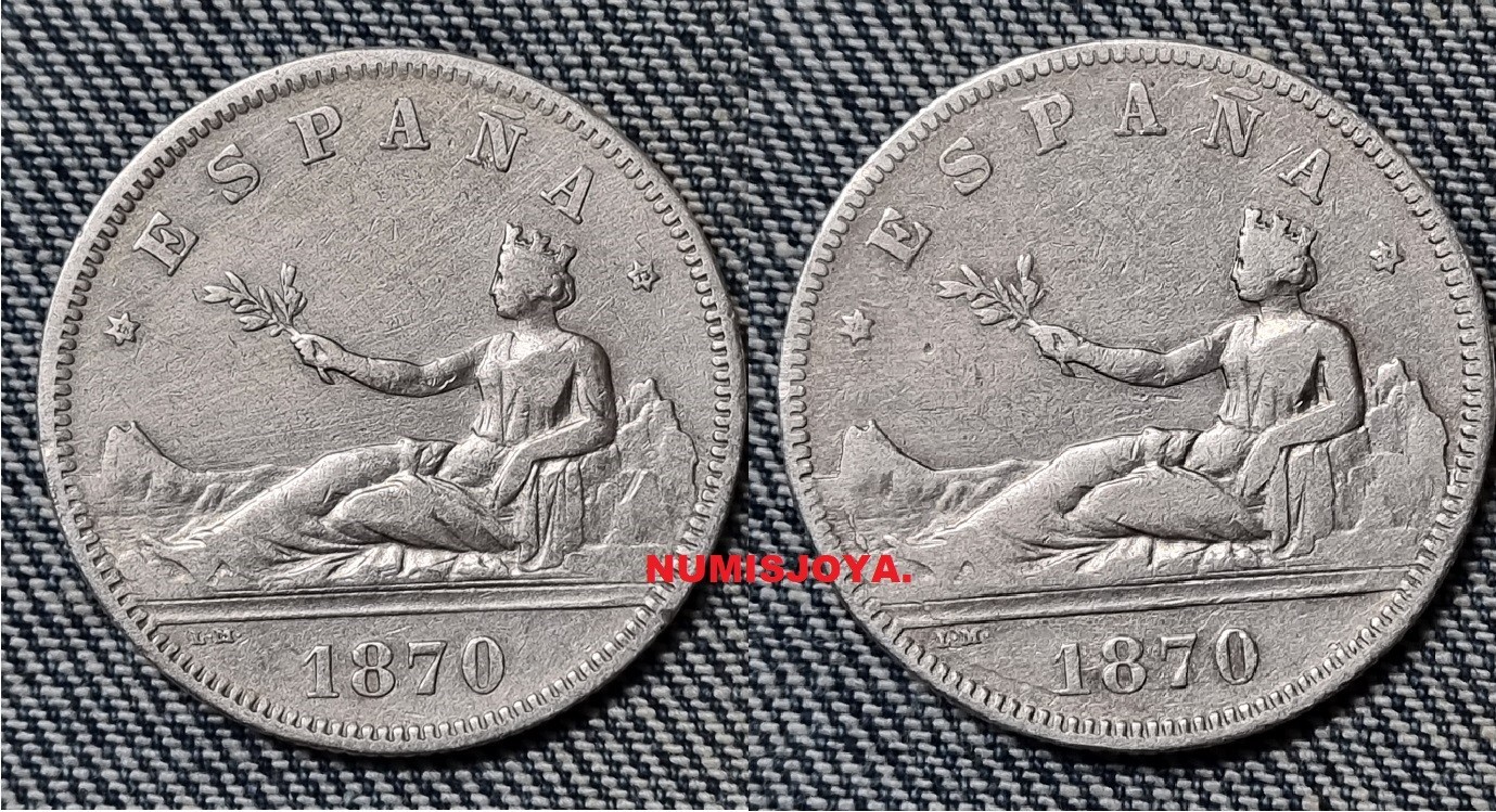 2 coins SILVER 2 pesetas year 1870 in stars 1873 and 1874. Weight 45 gr.