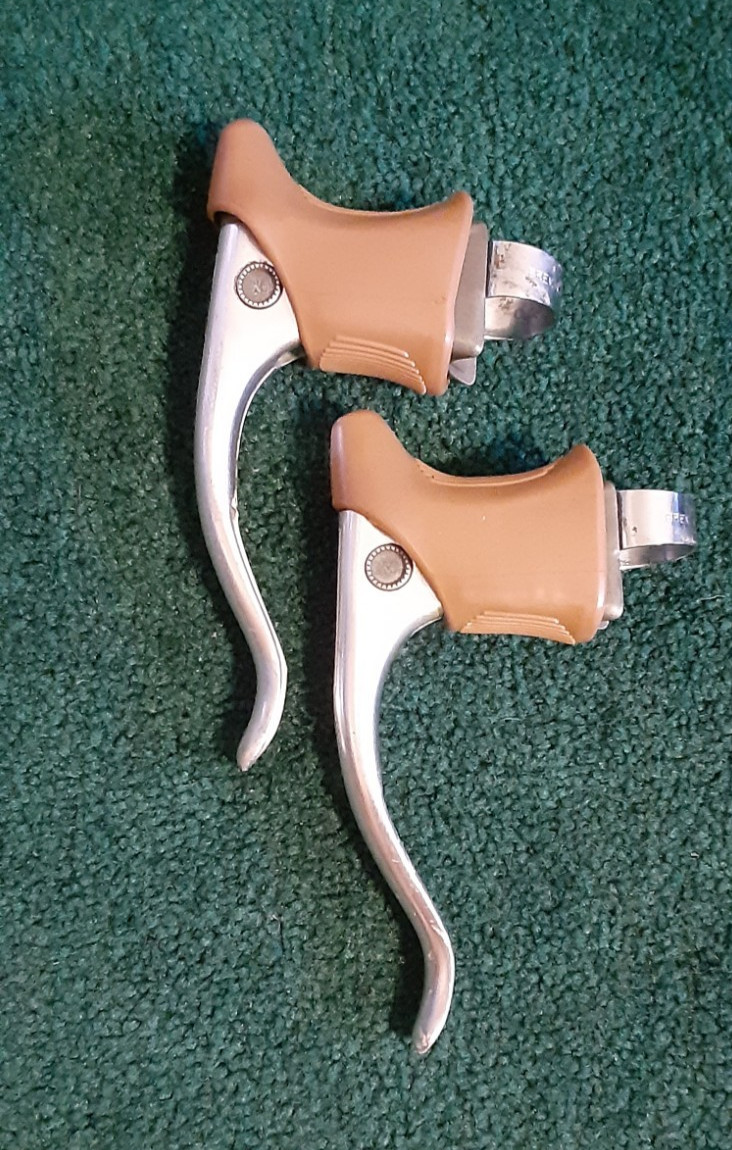 Two (2) Used Campagnolo 1972 Record Brake Levers, Brown Gum Hoods