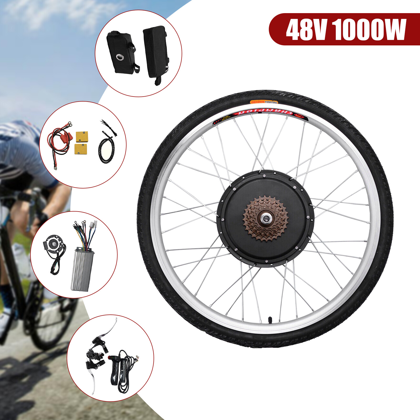 26″ Rear Wheel Electric Bicycle Conversion Kit E-Bike Motor Hub Kit 1000W 48V