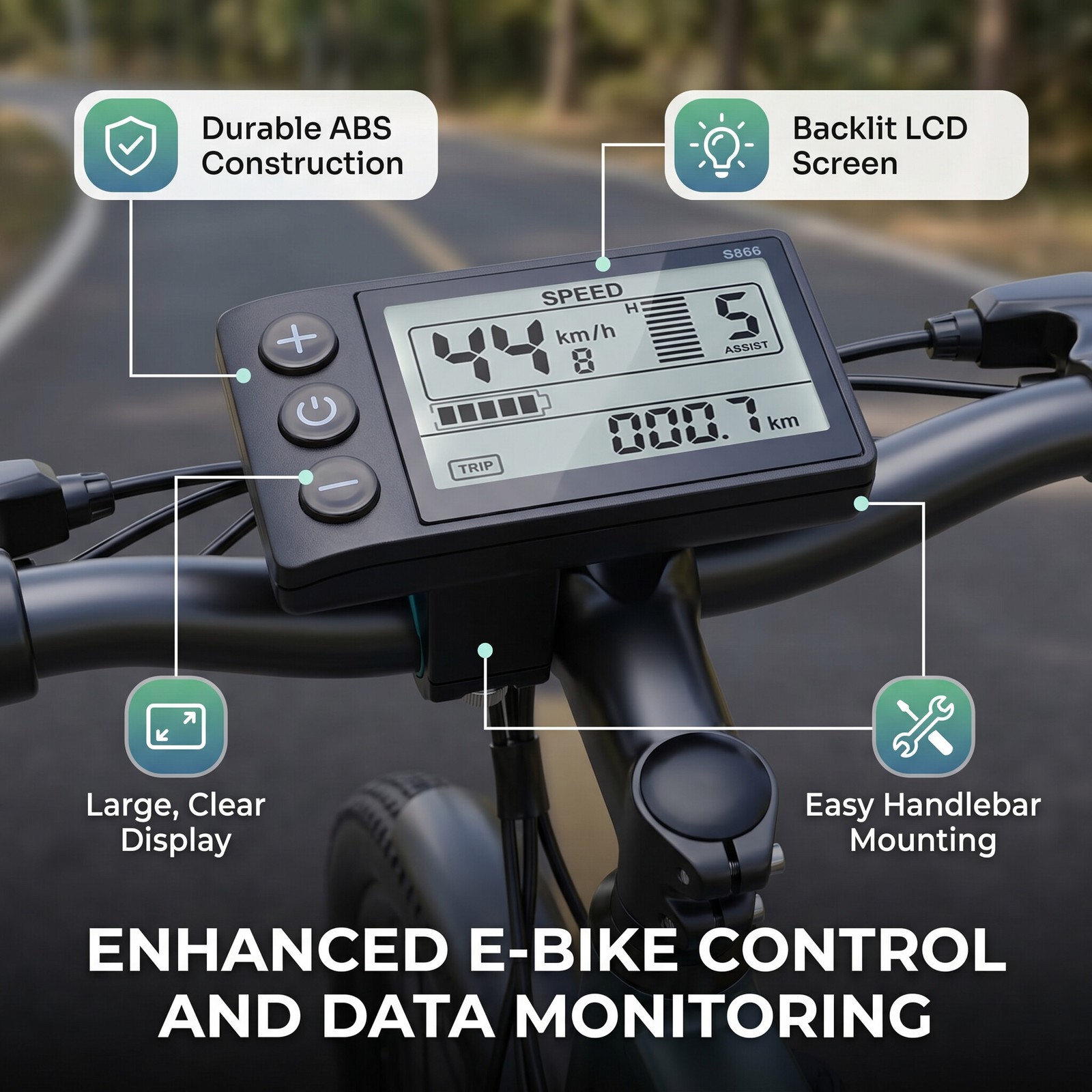 S866 LCD Display Large Clear Screen 22.2mm Handlebar Mount E-Bike Speedometer