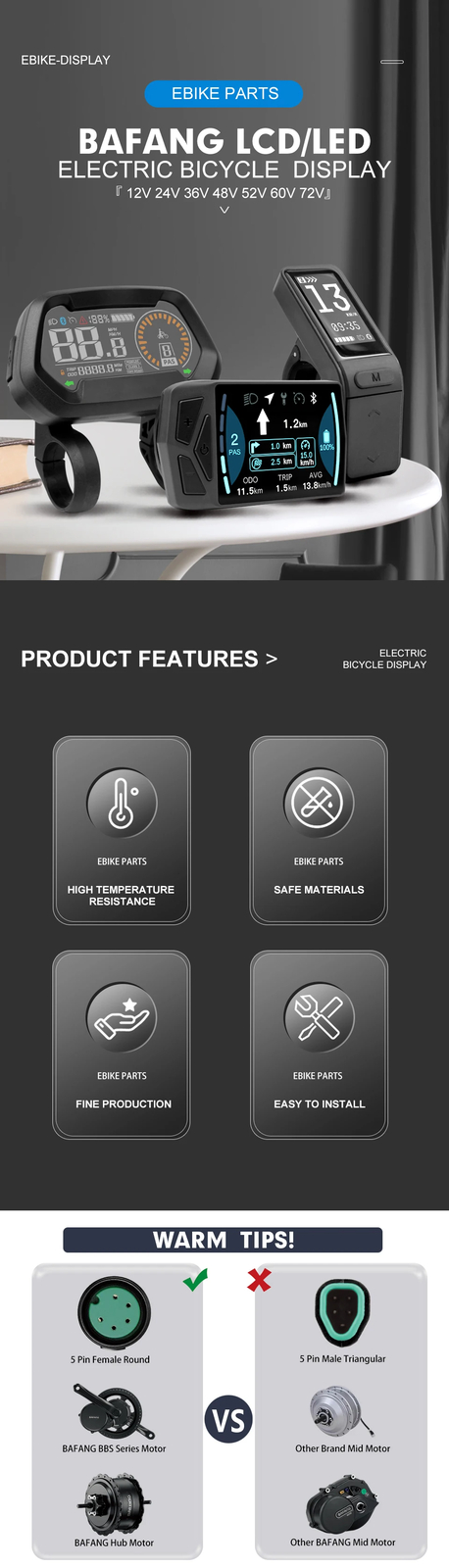E-bike Intelligent LCD Screen Waterproof 5 Pin LED Display for Mid Drive Motor