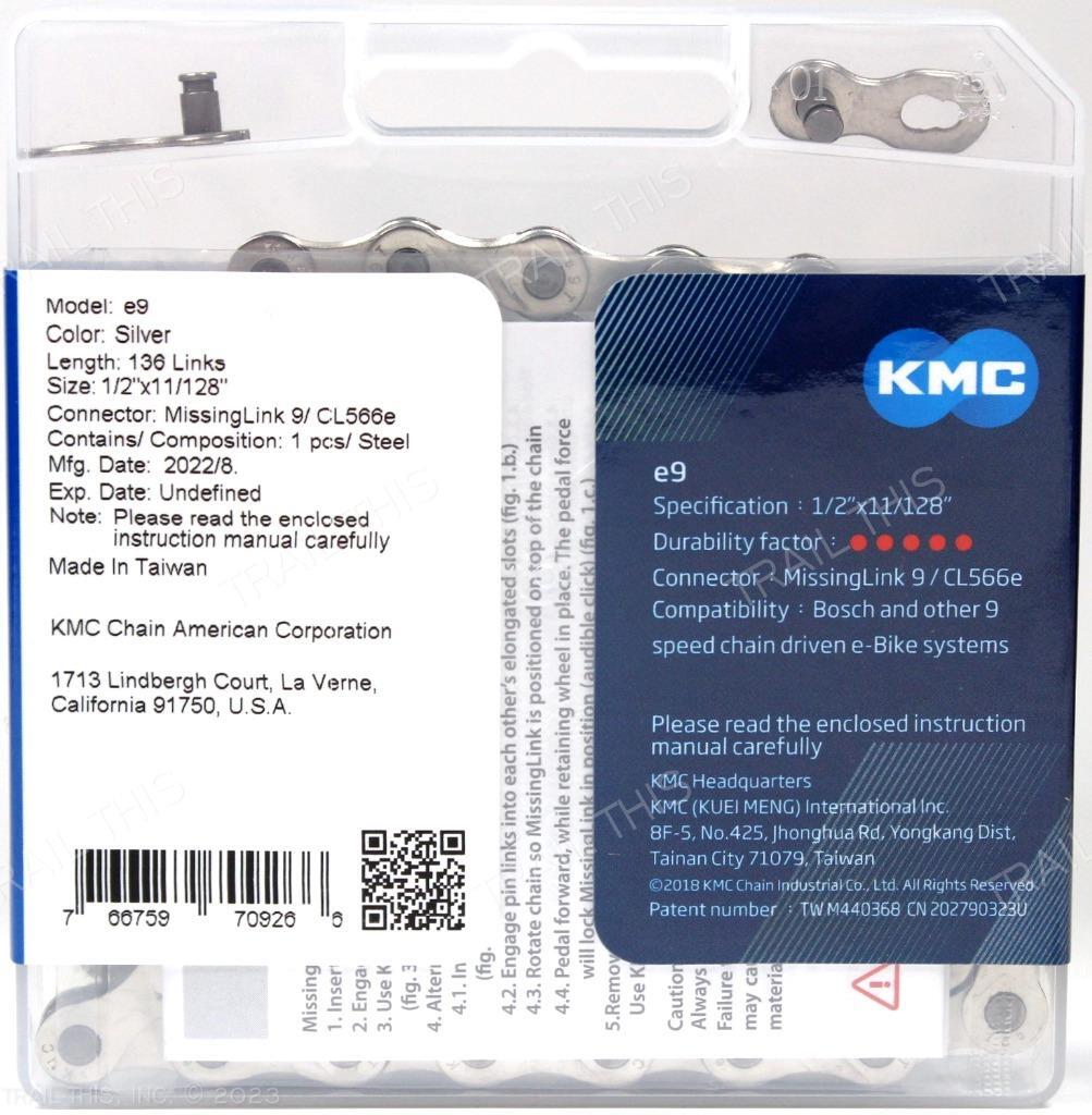 KMC e9 Silver 9-Speed 136L eBike Chain fits Bosch Bafang Lekkie 9-Speed e-Bikes