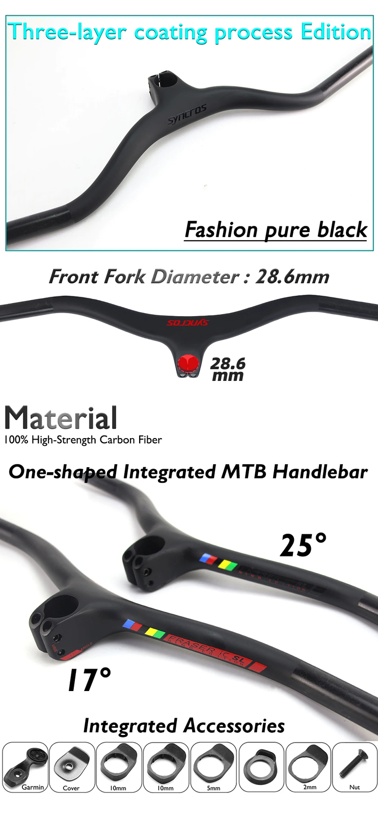 Carbon Fiber Mountain Bike Integrated Handlebar with Stem -8 -17 -25 Degree