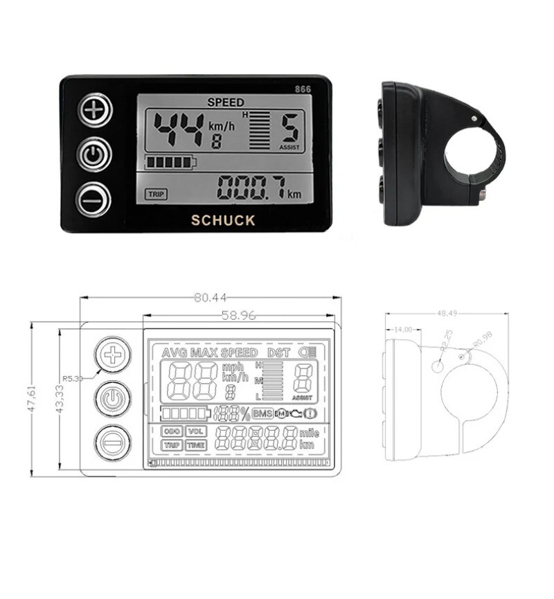 S866 LCD Display with 5 Pin Waterproof Female Connector Use for E-bike E-Scooter