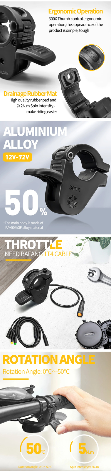 E-bike Thumb Throttle 300X 3PIN for 12V 24V 36V 48V 60V 72V Electric Bicycle