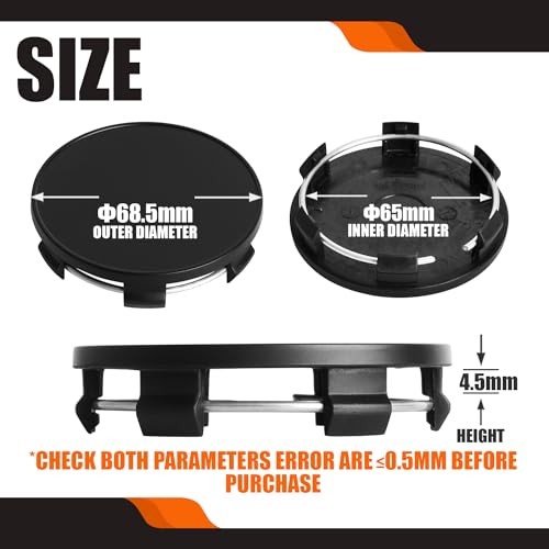 TMS 2.7Inch 68MM Wheel Center Caps for Outer 68.5MM , Inner 65.0MM Matte Black