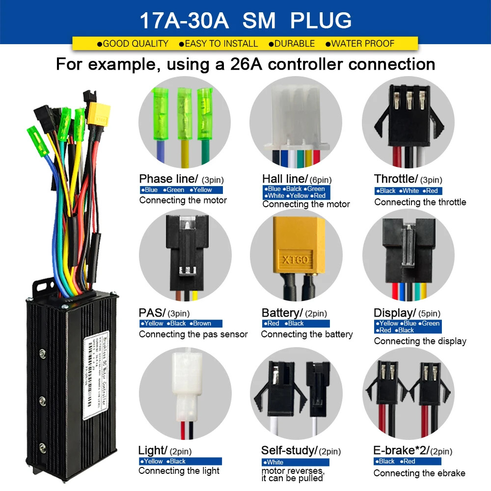 E-bike 3-mode Sine Wave 36V 48V 17A/26A/30A/40A Brushless Motor Controller Kits
