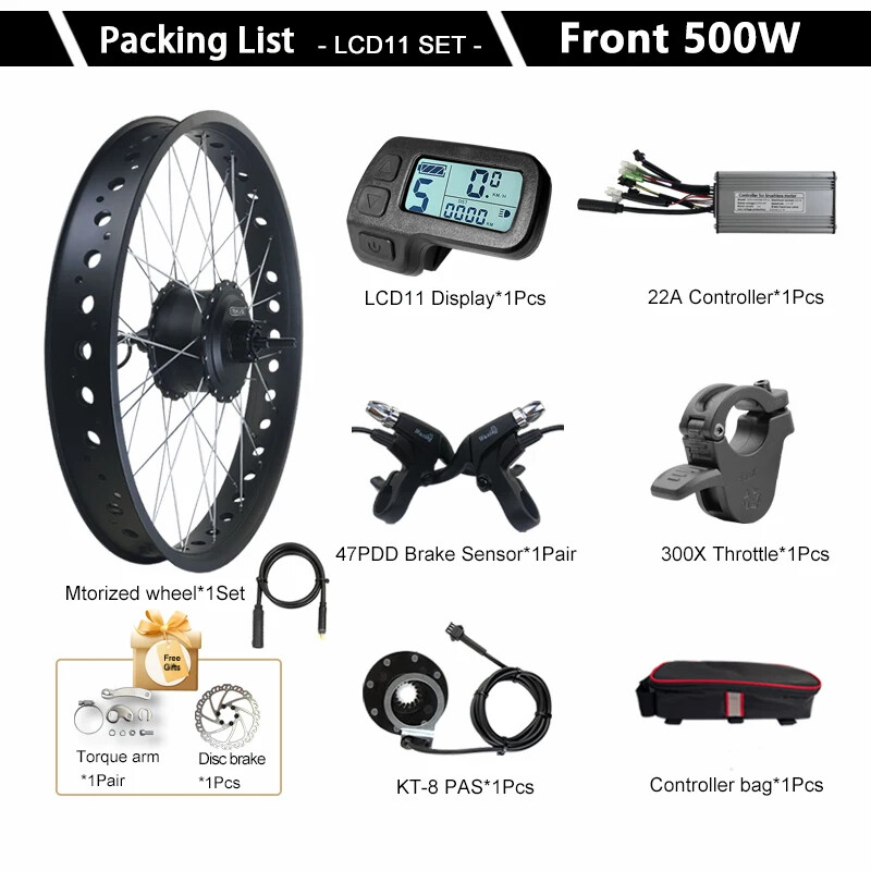 36V 48V 500W 20 24 26×4.0in Snow/Beach Fat E-Bike Conversion Kit Front Hub Motor