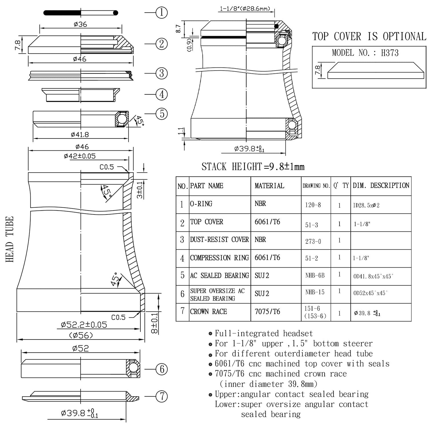 HY638 1-1/8″ to 1-1/2″ Tapered Integrated Headset Set for 42 to 52.2mm Tapere…
