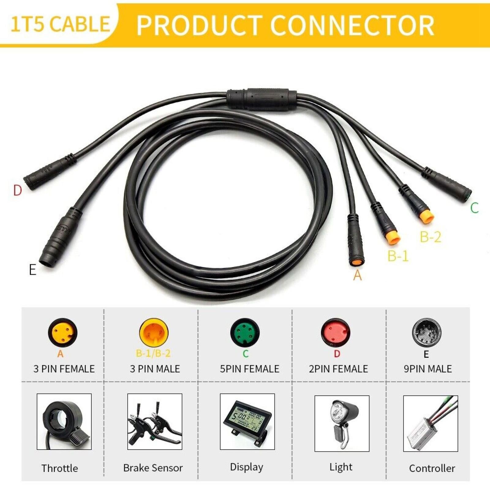 1x Electric Bicycle E-bike Integration Cable Waterproof 1 to 5 For KT Controller