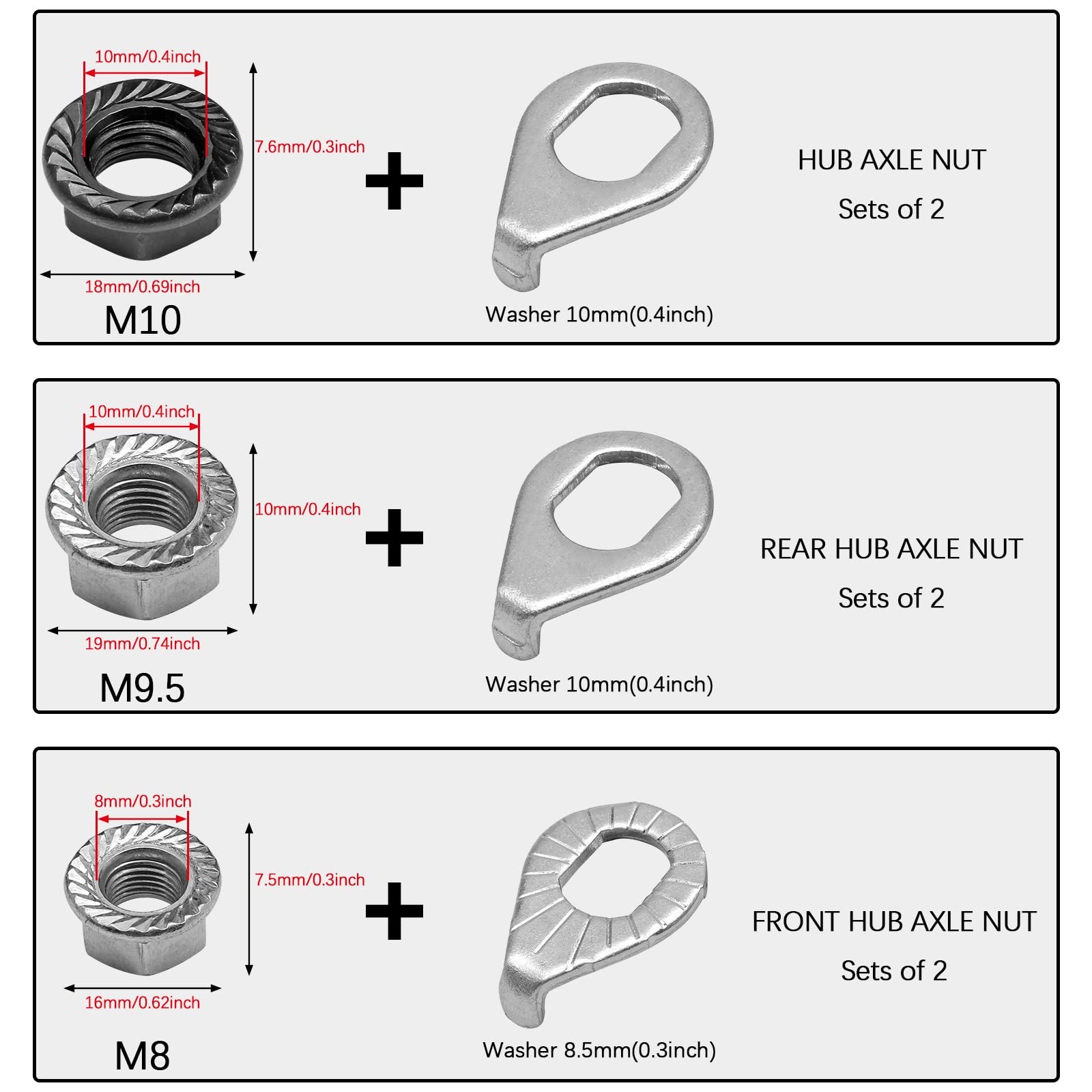 Moicstiy 12 Pcs Bike Wheel Axle Nuts and Safety Washers Kit, 3 Size 12Pcs