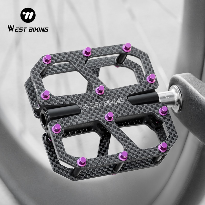 WEST BIKING Carbon Fiber Road Bike Pedals 3 Bearings Titanium Axis Pedals Purple