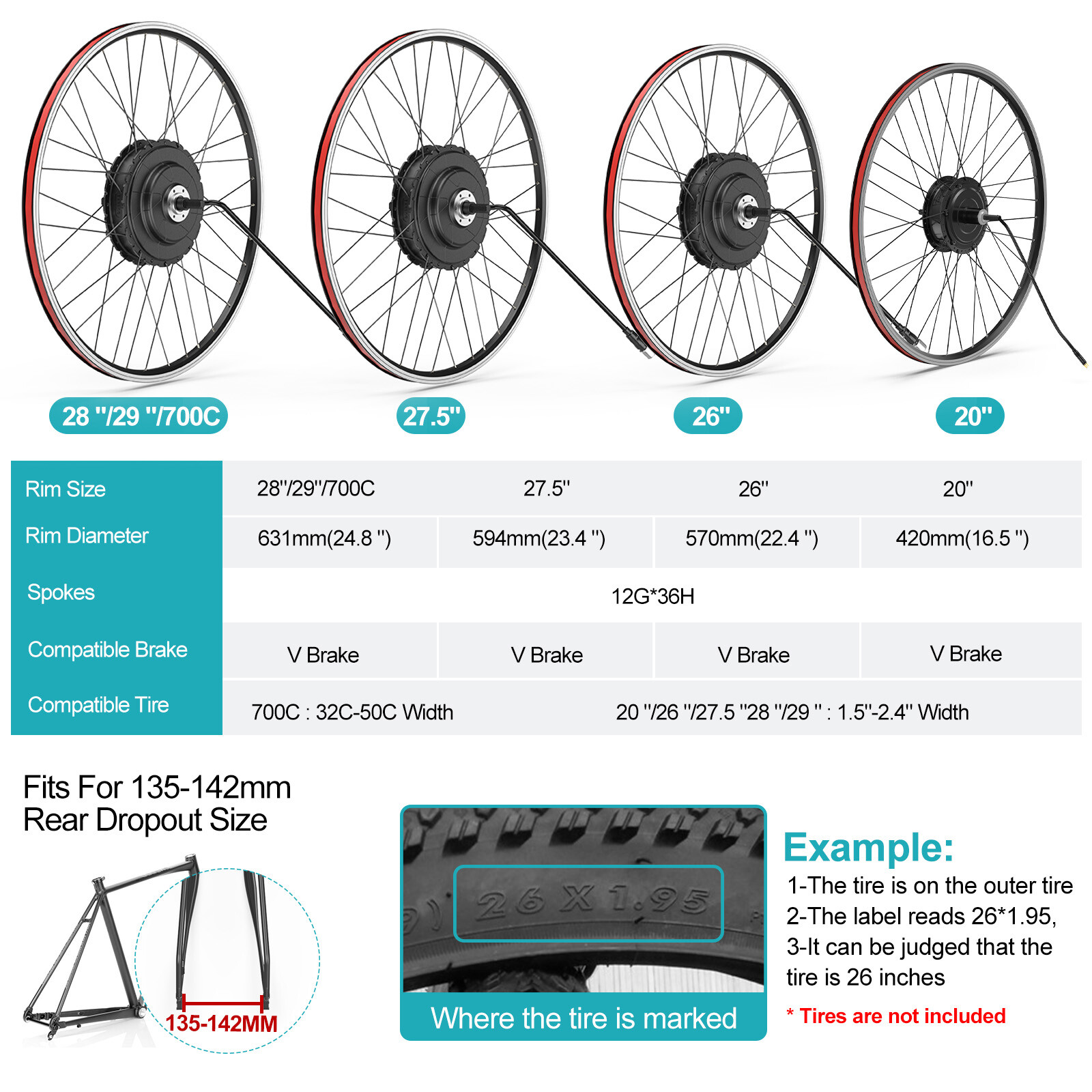 26″27.5″700C Electric Bicycle Rear Wheel Hub Motor Kit E-bike Conversion Set