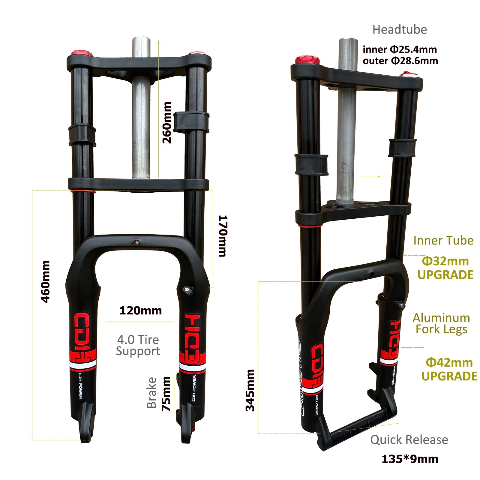 20″ Air Suspension Bicycle Fork 4.0″ Fat Tire Bike w/Headset, Double Shoulder