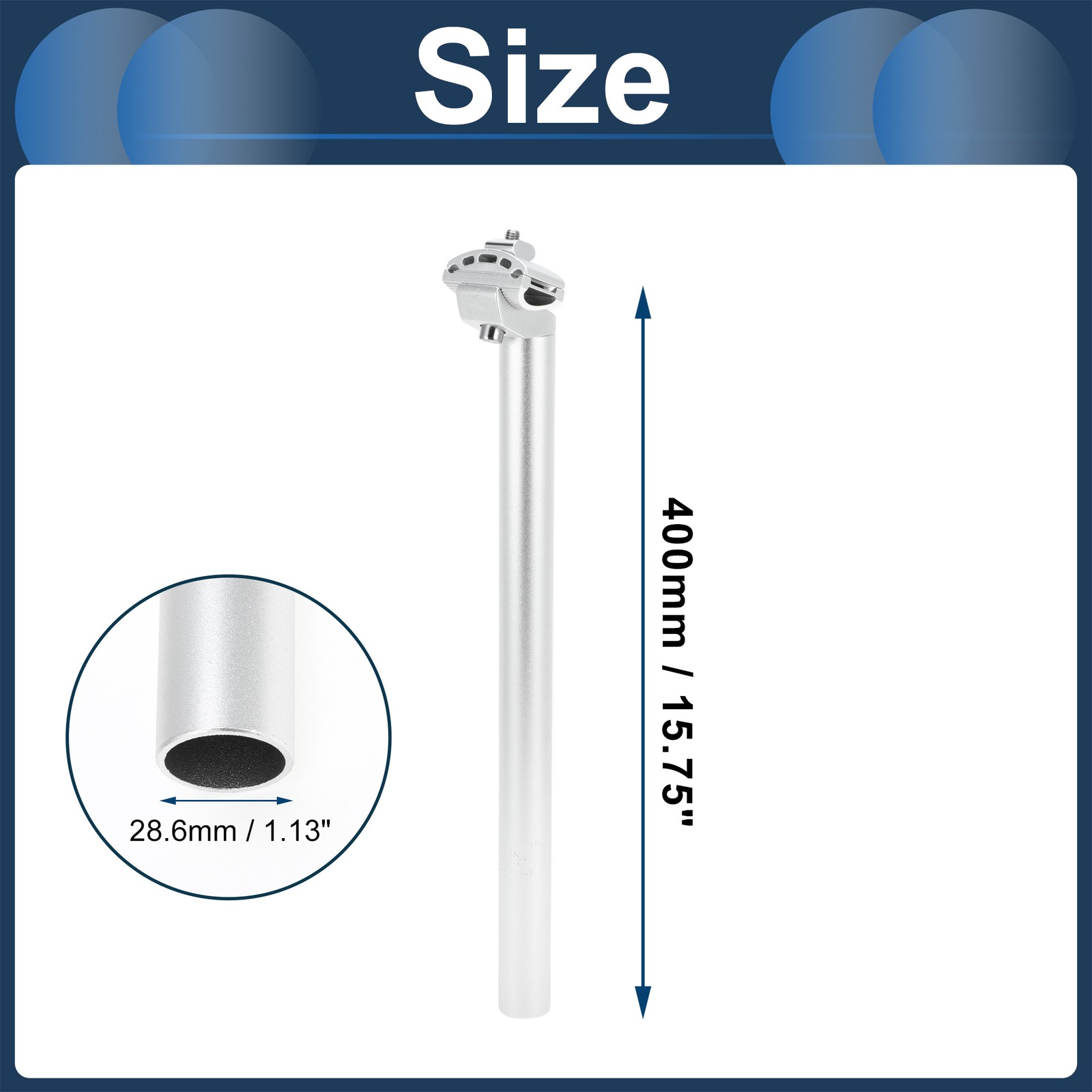 Bike Seat Post 28.6x400mm Adjustable with Fixing Clip Silver Tone Aluminum Alloy