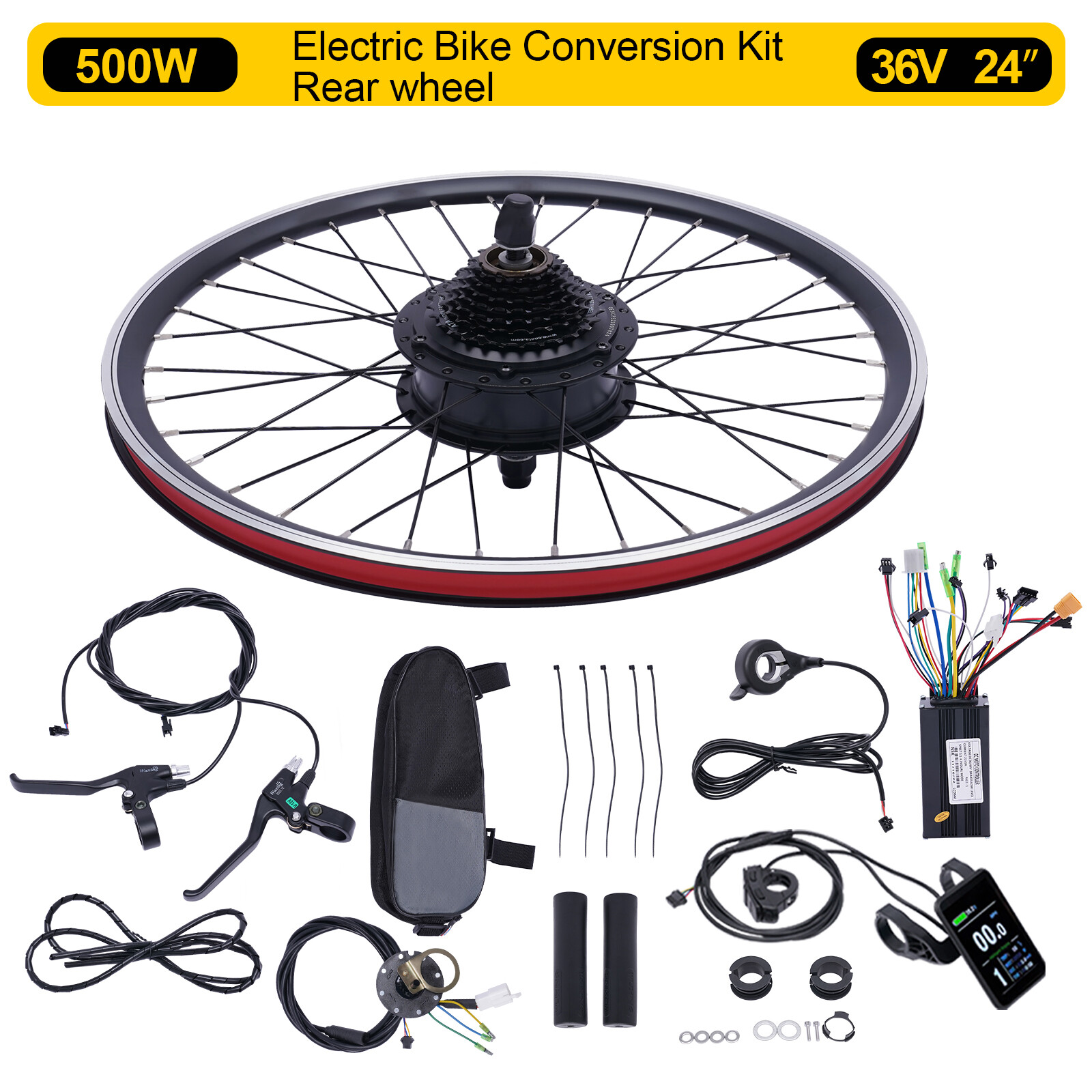 24 Inch Electric Bicycle Conversion Kit E-Bike Rear Wheel Motor Hub Set 36V 500W