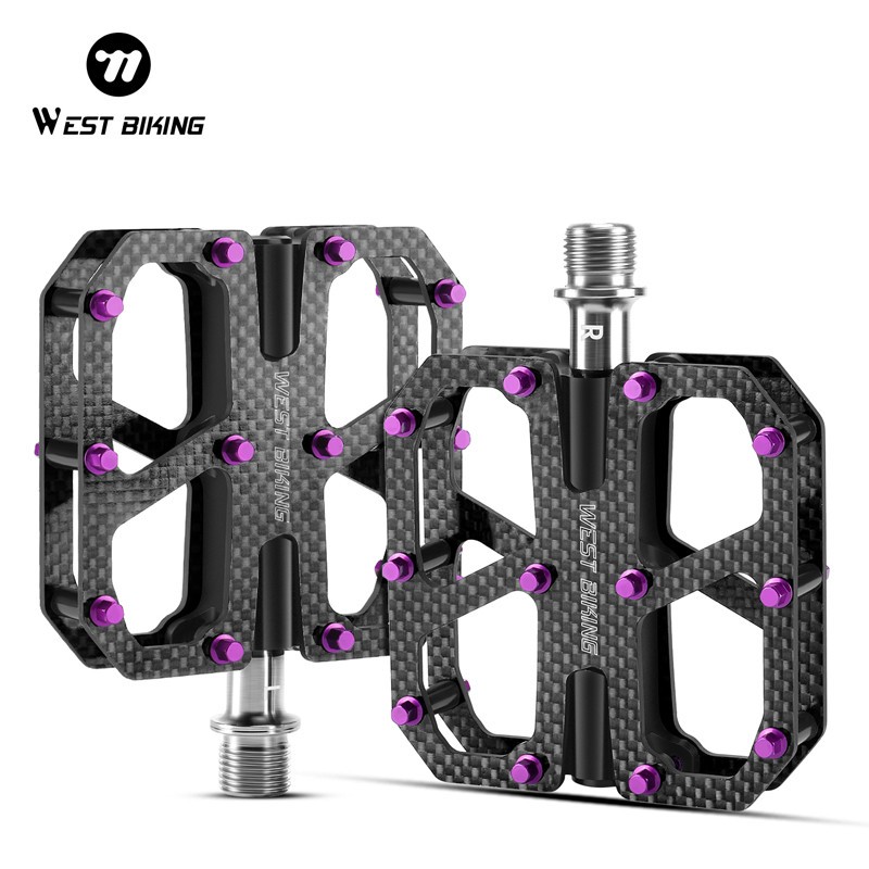 WEST BIKING Carbon Fiber Road Bike Pedals 3 Bearings Titanium Axis Pedals Purple