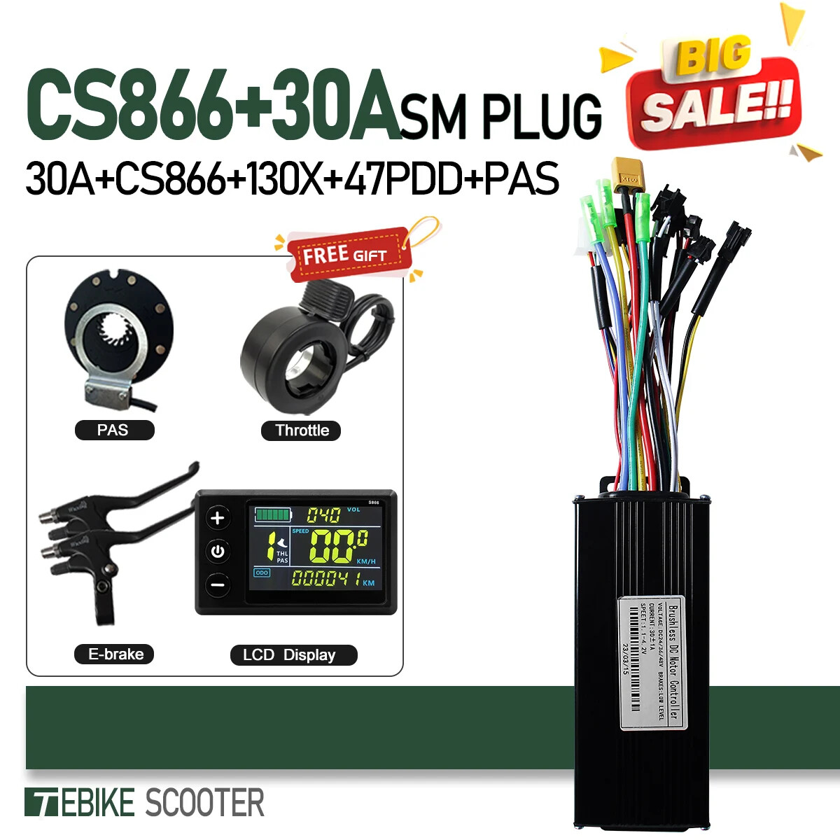 Ebike 3-Mode Sine Wave 17A26A30A40A Controller+Color LCD S866 GD02 Display Set
