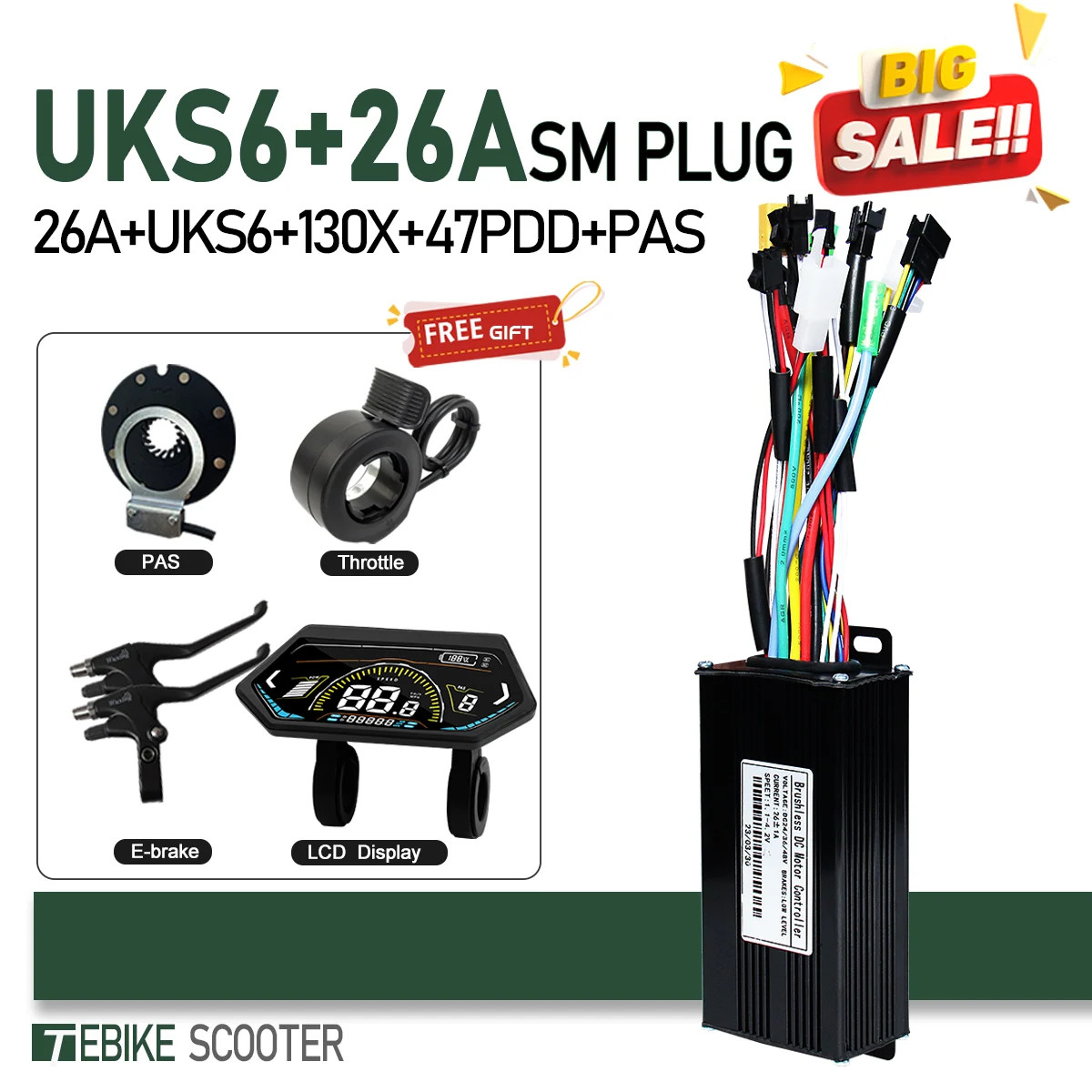 Ebike 3-Mode SineWave Controller 17A 26A 30A 40A with LCD UKC1 Display 1T5 Cable
