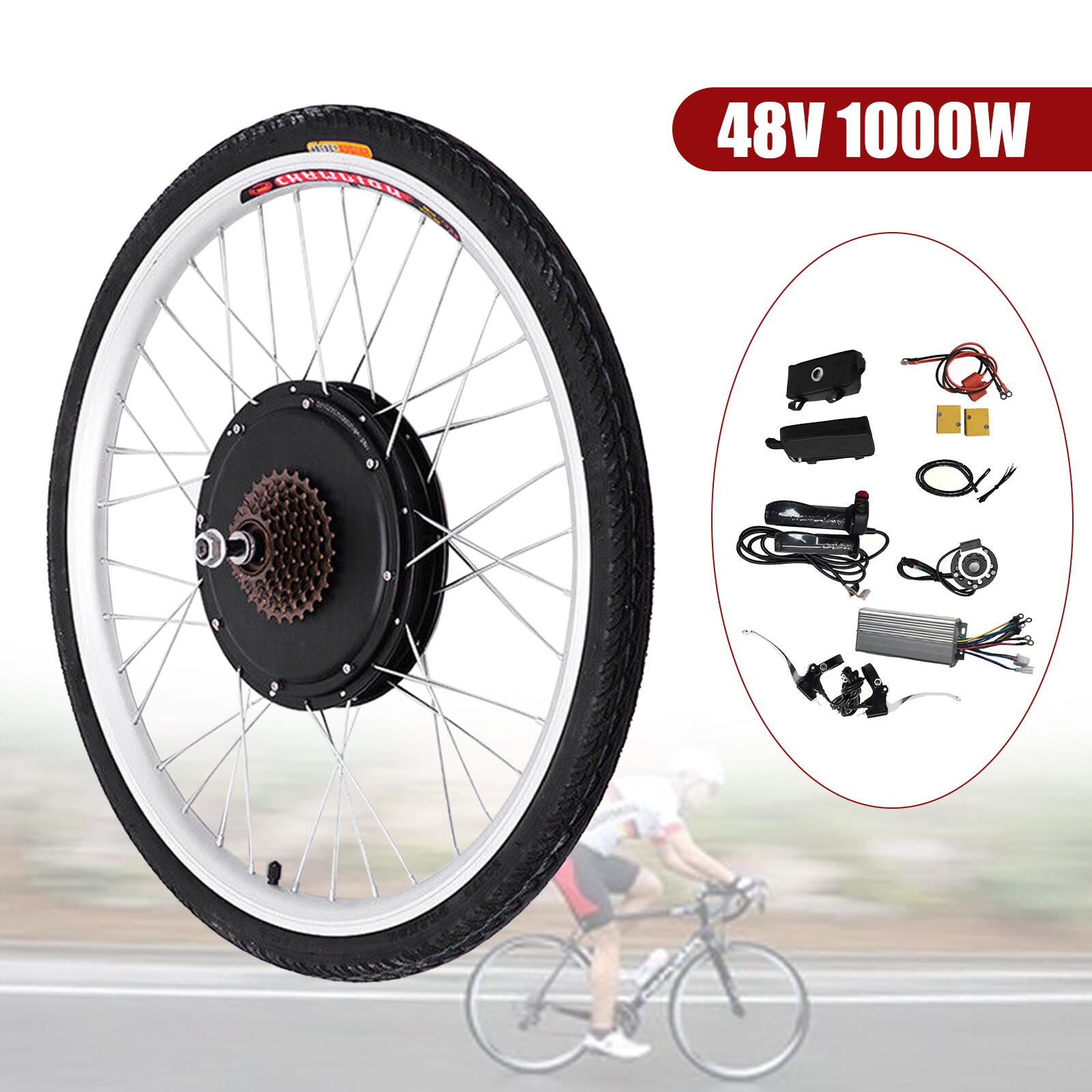 26″ Rear Wheel Electric Bicycle Conversion Kit E-Bike Motor Hub Kit 1000W 48V