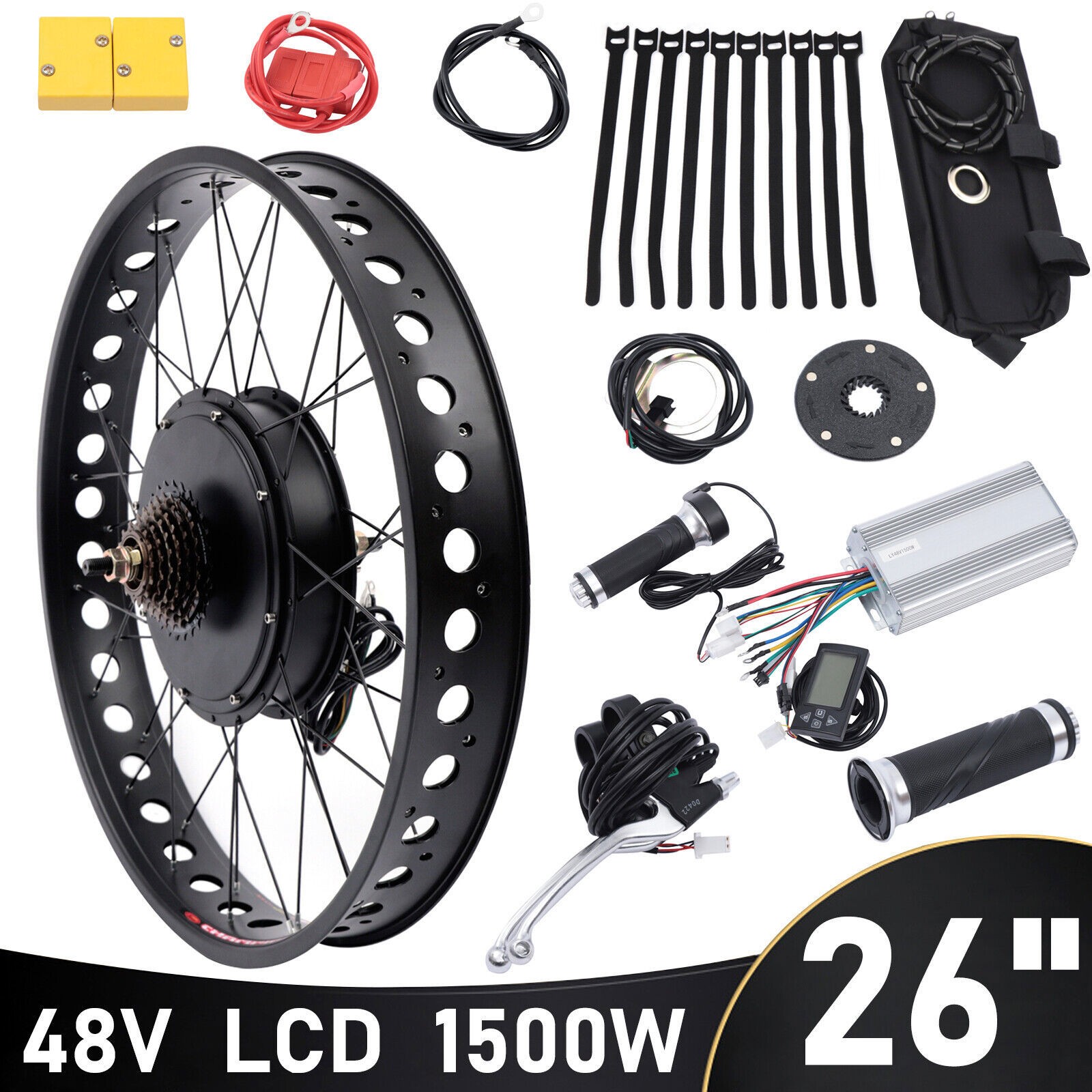 26″ 48V 1500W E bike Fat Tire Bicycle Rear Hub Motor Conversion Snow Wheel Kit
