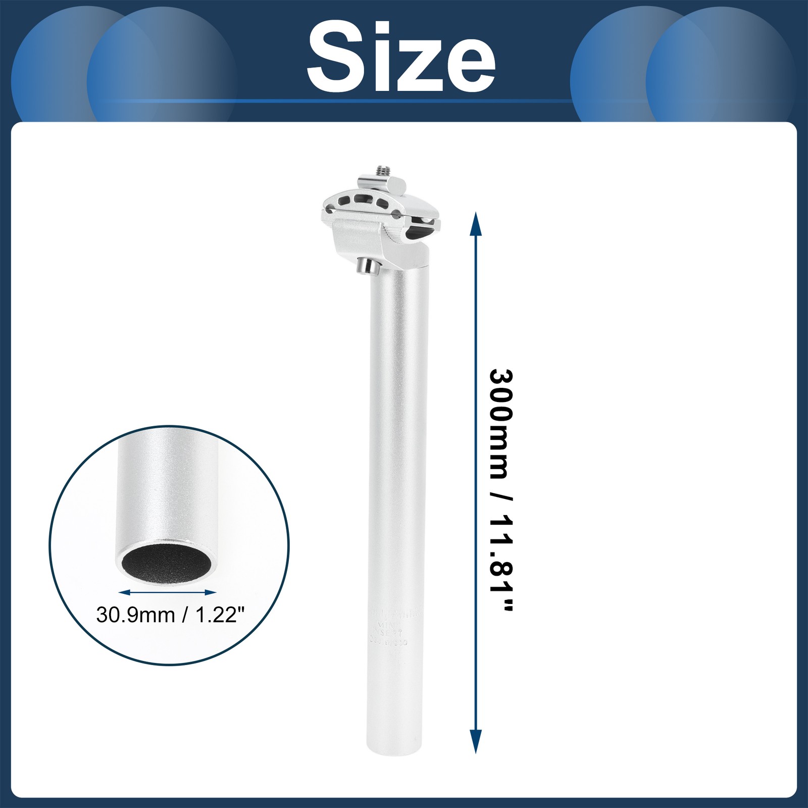 Bike Seat Post 30.9x300mm Adjustable with Fixing Clip Silver Tone Aluminum Alloy