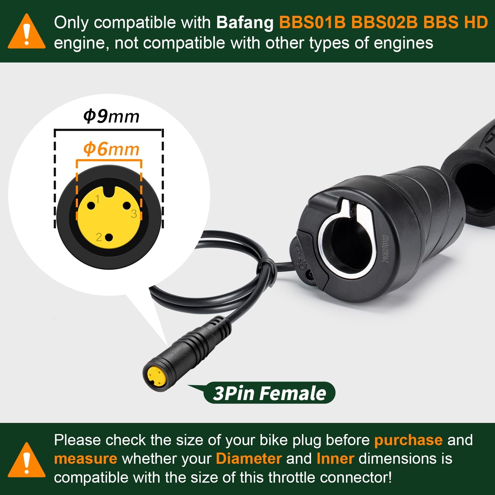 3 Pin Female Ebike Half-Twist Throttle for BAFANG BBS01B BBS02B BBSHD Mid Mot…