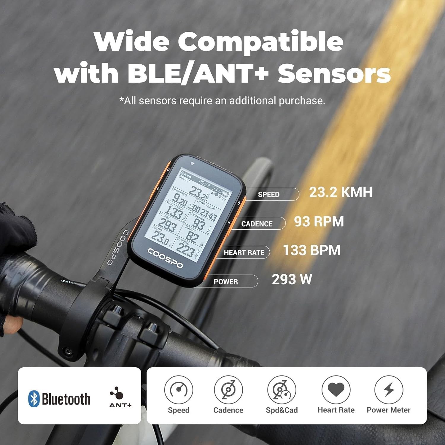 COOSPO Bike Computer Wireless GPS, Speedometer with Auto Black