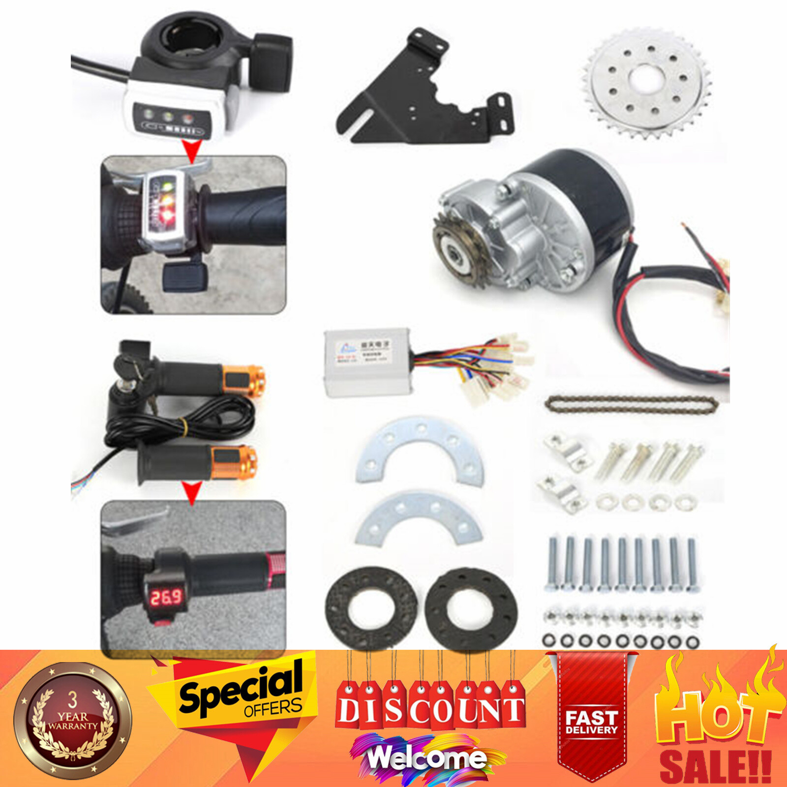250W 24V Electric E-Bike Conversion Kit Brush Motor w/freewheel Motor Controller