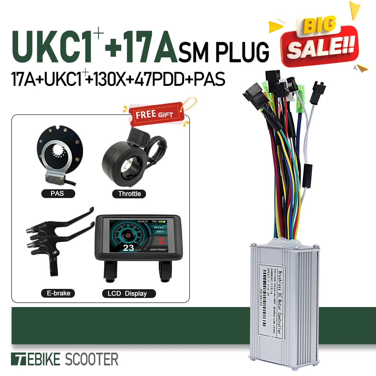 Electric Bike 3-Mode SineWave Controller 17A 26A 30A 40A with LCD UKC1 Display