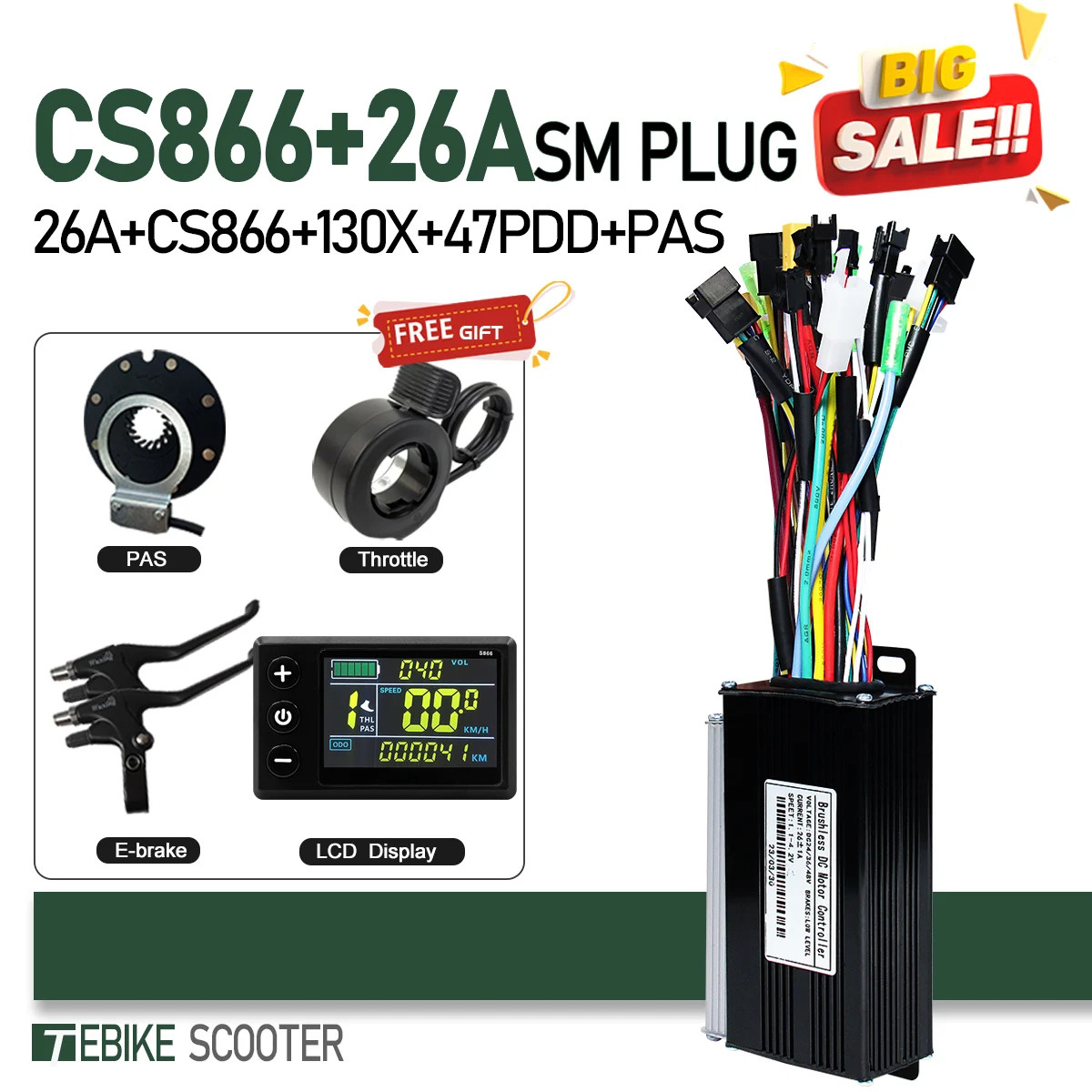 E-bike 3-Mode SineWave Controller 17A 26A 30A 40A Color LCD S866 GD02 Display