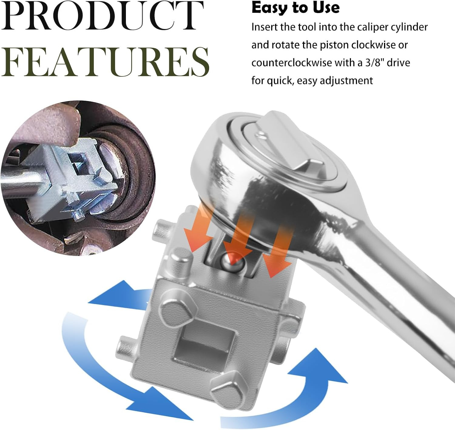 Car Cube Brake Caliper Compression Tool with 3/8″ Square Drive Hole,6 Sides Brak