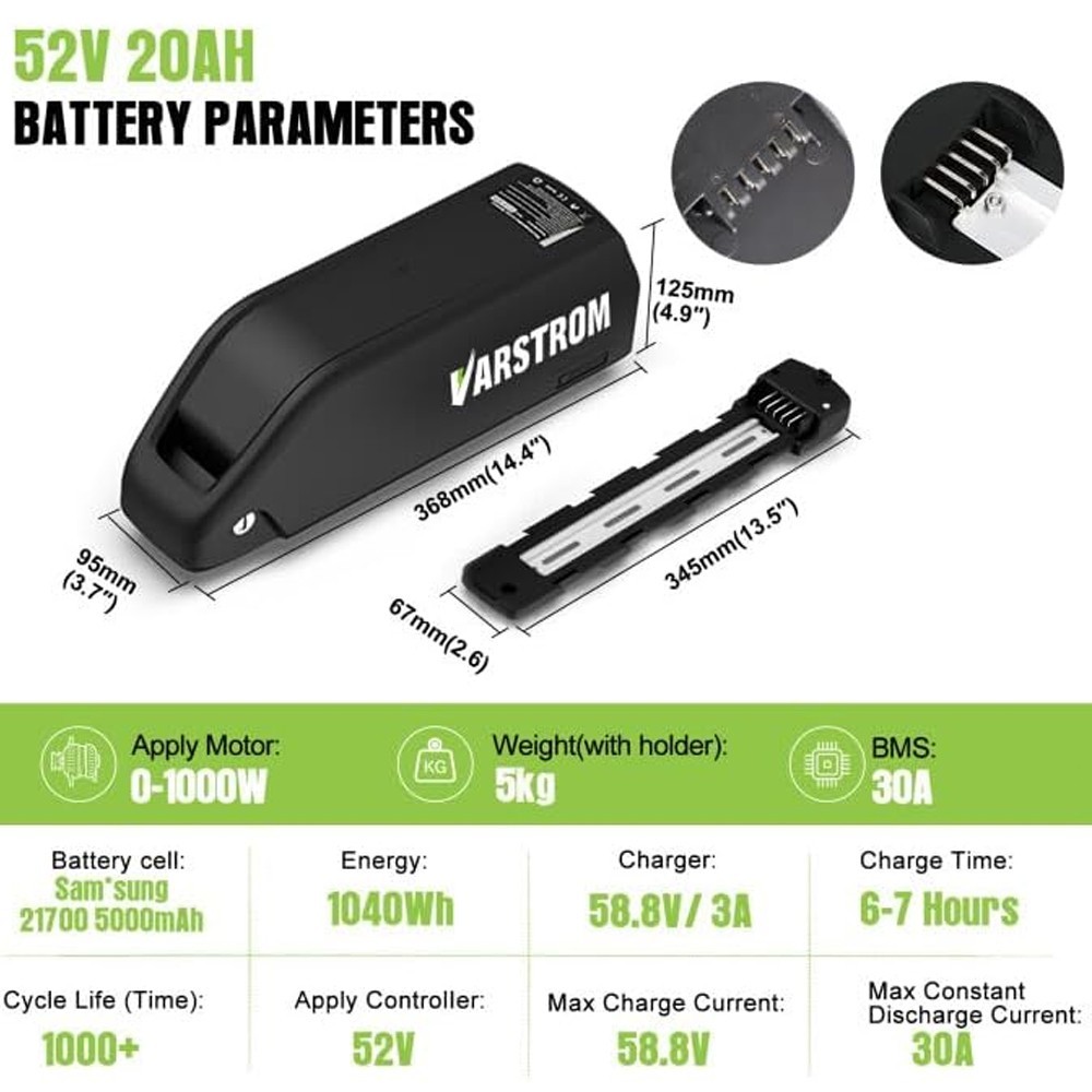 52V Ebike Battery 20Ah 1040Wh Electric Scooter Lithium Battery BMS for 0-1500W