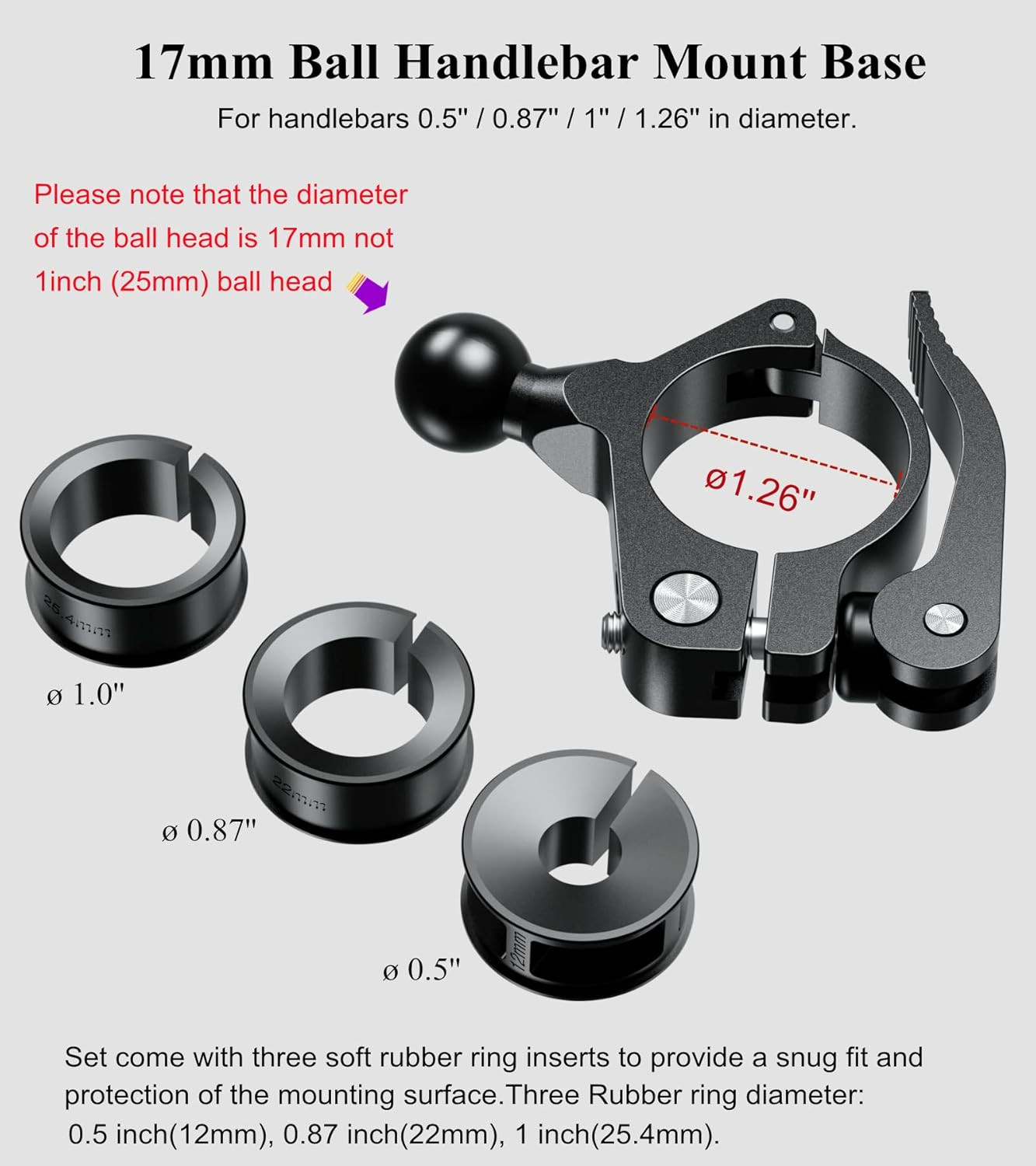 BRCOVAN 17Mm Ball Handlebar Clamp Mount Base | Fit for round Rails 0.5” / 0.875