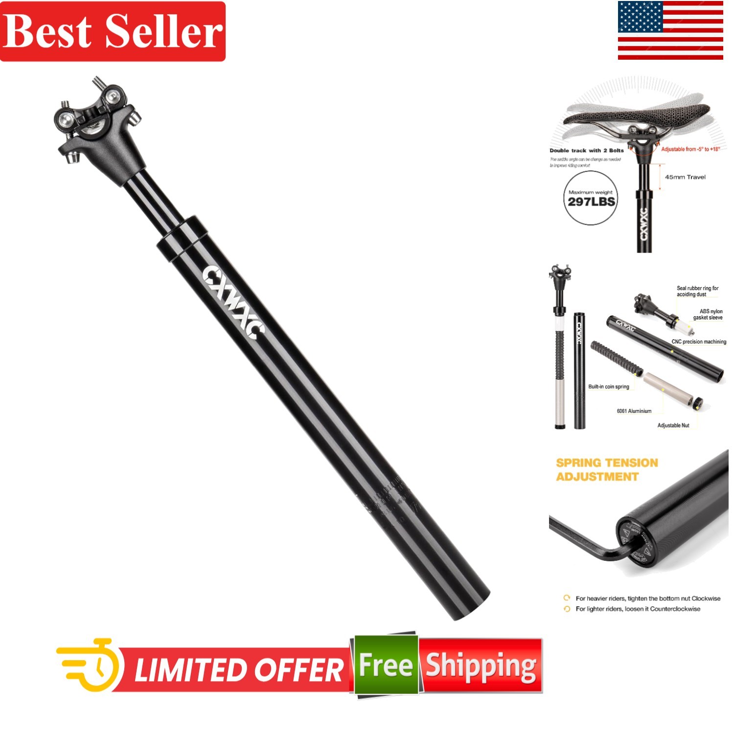 Adjustable Suspension Seatpost 27.2/30.9/31.6mm x 400mm – Ultimate Comfort fo…
