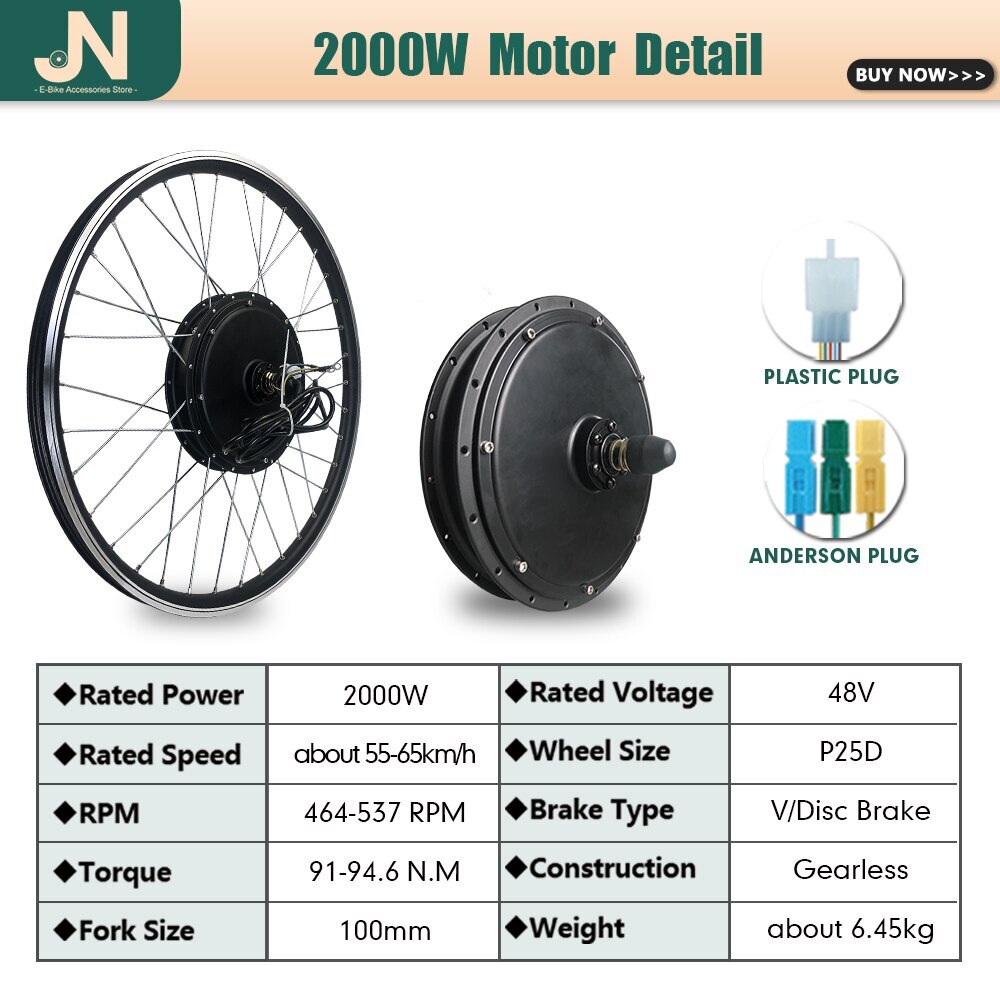48V 2000W Electric Bike Brushless Non-Gear Front/Rear Motor Conversion Kit