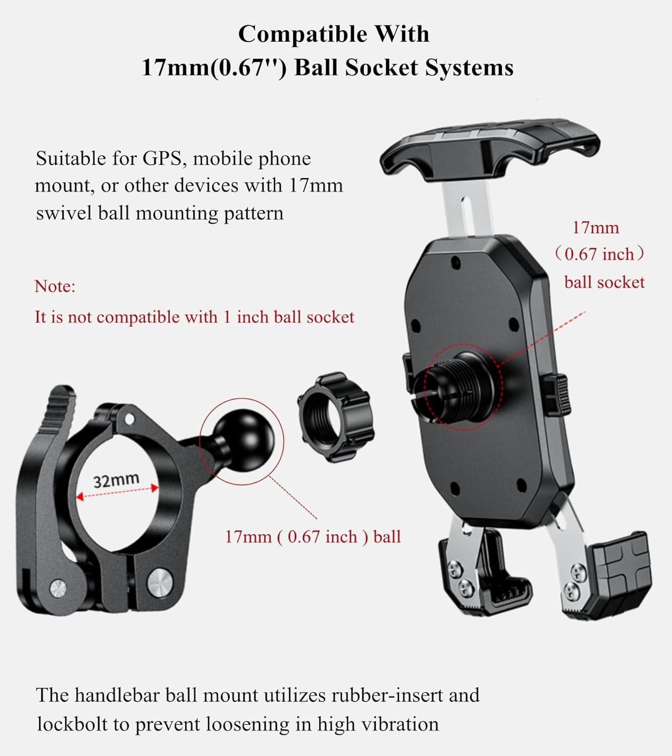 BRCOVAN 17Mm Ball Handlebar Clamp Mount Base | Fit for round Rails 0.5” / 0.875