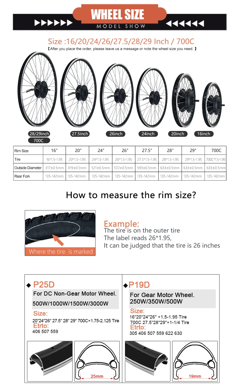 36V 48V 500W 1000W 1500W Gear Front Rear Hub Motor Wheel Ebike Conversion Kit